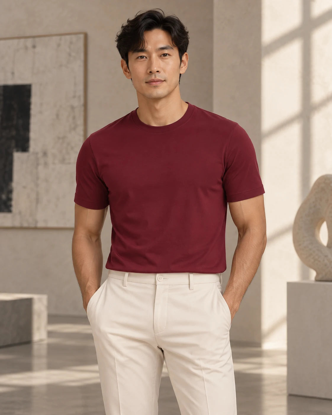 Een model in ons bordeauxrode T-shirt
