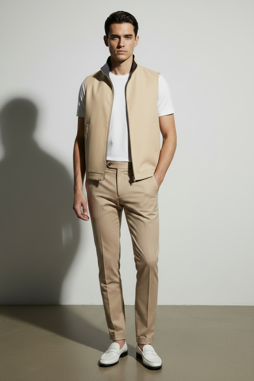 Man wearing reversible gillet with white t-shirt and beige trousers